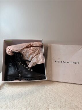 Rebecca Minkoff Black Leather Lug Sole Lace-Up Boots with Fur Collar (107)